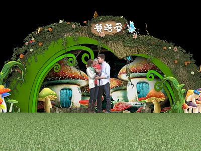 Enchanting Mushroom House Photo Spot With Green Arch Vines Flowers And Colorful Mushrooms 3d model