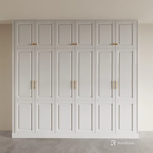 Modern White Wardrobe Interior Design With Paneled Doors And Golden Handles 3d model 