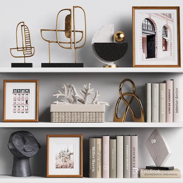 Modern Ornamental Decor Collection with Metal Marble Coral Picture Frames Books Geometric Shapes on Shelf 3d model 