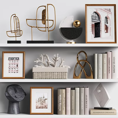 Modern Ornamental Decor Collection with Metal Marble Coral Picture Frames Books Geometric Shapes on Shelf 3d model