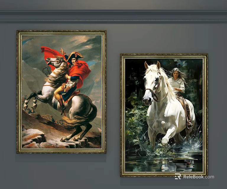Animal Paintings with Horse and Rider in Dynamic Scenes and Decorative Framed Art 3d model 