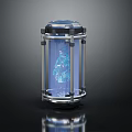 Hi tech Cylindrical Transparent Container With Metallic Frame And Blue Glowing Energy Substance