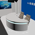 Modern New Media Studio Office With Round Anchor Desk City View And Complete Broadcast Equipment