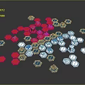 Colorful Hexagons in Red Blue White Scattered on Black Background Surface