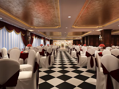 Luxurious Banquet Hall Interior Design With Checkerboard Floor White Chairs And Gold Ceiling 3d model