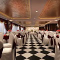 Luxurious Banquet Hall Interior Design With Checkerboard Floor White Chairs And Gold Ceiling