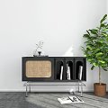 Black Entryway Console Cabinet With Rattan Woven Panel Metal Legs Books And Green Plant