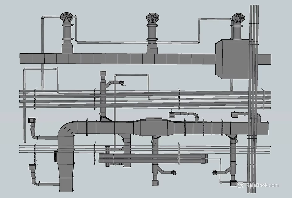 Industrial Piping System With Multiple Pipes Valves And Connection Components 3d model 
