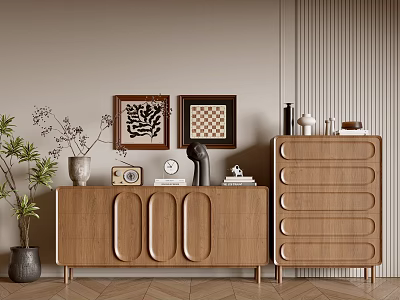 Modern Wooden Console Cabinet And Side Cabinet With Plants Decorative Items And Wall Art 3d model