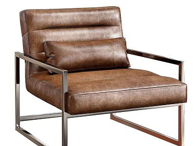 Modern Brown Leather Single Sofa With Metal Frame And Comfortable Cushion 3d model