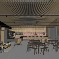 Modern Teahouse Interior Design With Wooden Ceiling Slats Dining Tables And Bar Counter