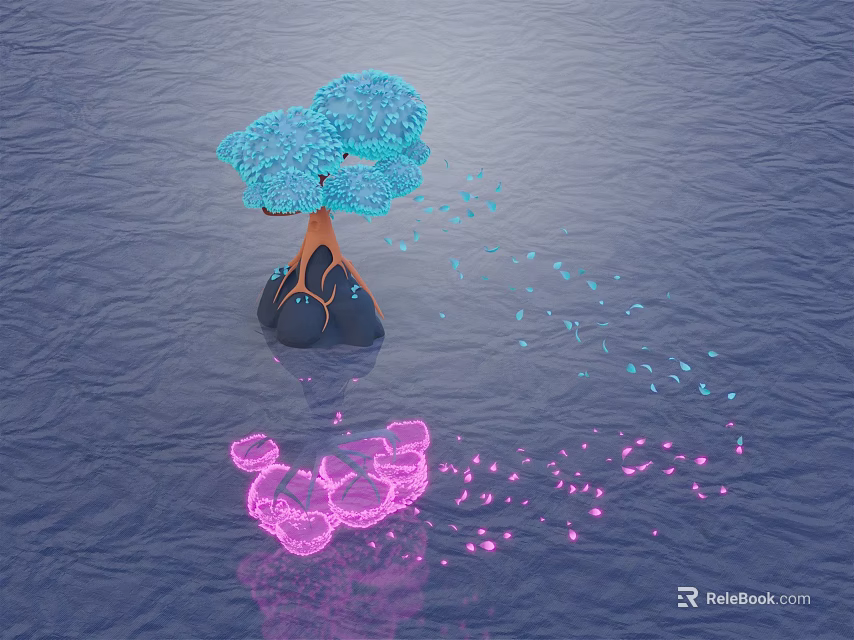Cartoon Scene of Whimsical Blue Tree Pink Cloud Floating on Rippled Water With Scattered Dots 3d model 
