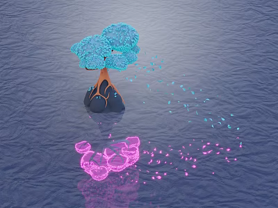 Cartoon Scene of Whimsical Blue Tree Pink Cloud Floating on Rippled Water With Scattered Dots 3d model
