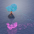 Cartoon Scene of Whimsical Blue Tree Pink Cloud Floating on Rippled Water With Scattered Dots