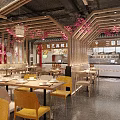 Restaurant Interior Design With Wooden Beams Pink Floral Decorations Yellow Chairs And Dining Tables