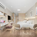 Modern Hotel Guest Room Featuring Twin Beds City View Window Wooden Furniture And Decorative Paintings