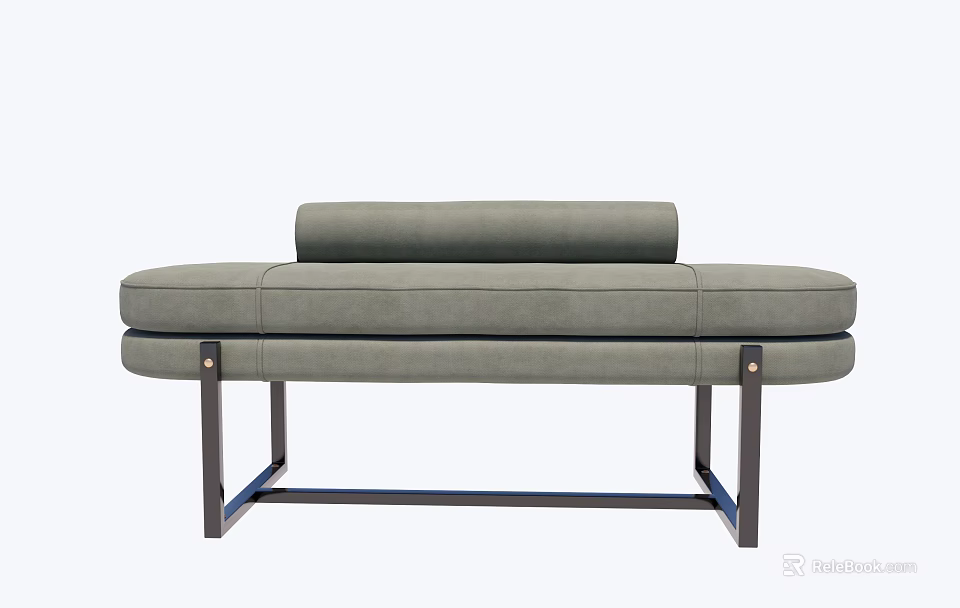 Modern Gray Upholstered Ottoman With Metal Frame And Cushioned Seat 3d model 