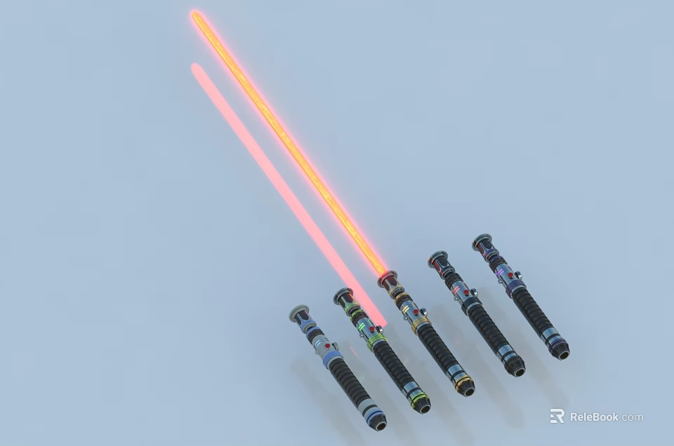 Lightsabers With Glowing Red Blades And Various Designed Hilts Displayed Against Light Blue Background 3d model 