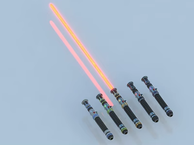 Lightsabers With Glowing Red Blades And Various Designed Hilts Displayed Against Light Blue Background 3d model