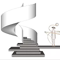 Modern Spiral Staircase With White Gray Material And Golden Sculptural Figure