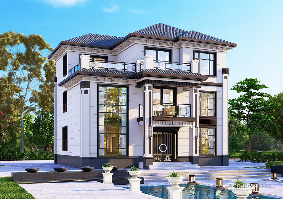 Modern Two Story Detached Villa With Large Windows Balcony And Pool 3d model 