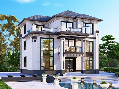 Modern Two Story Detached Villa With Large Windows Balcony And Pool 3d model