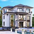 Modern Two Story Detached Villa With Large Windows Balcony And Pool