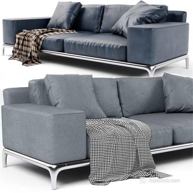 Modern Gray Fabric Two Seater Sofa With Plaid Checkered Blanket And Metal Legs 3d model 