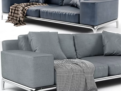 Modern Gray Fabric Two Seater Sofa With Plaid Checkered Blanket And Metal Legs 3d model