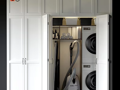 White Laundry Cabinet Interior With Open Doors Stacked Washer Dryer And Vacuum Cleaner 3d model