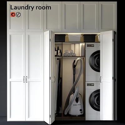 White Laundry Cabinet Interior With Open Doors Stacked Washer Dryer And Vacuum Cleaner 3d model