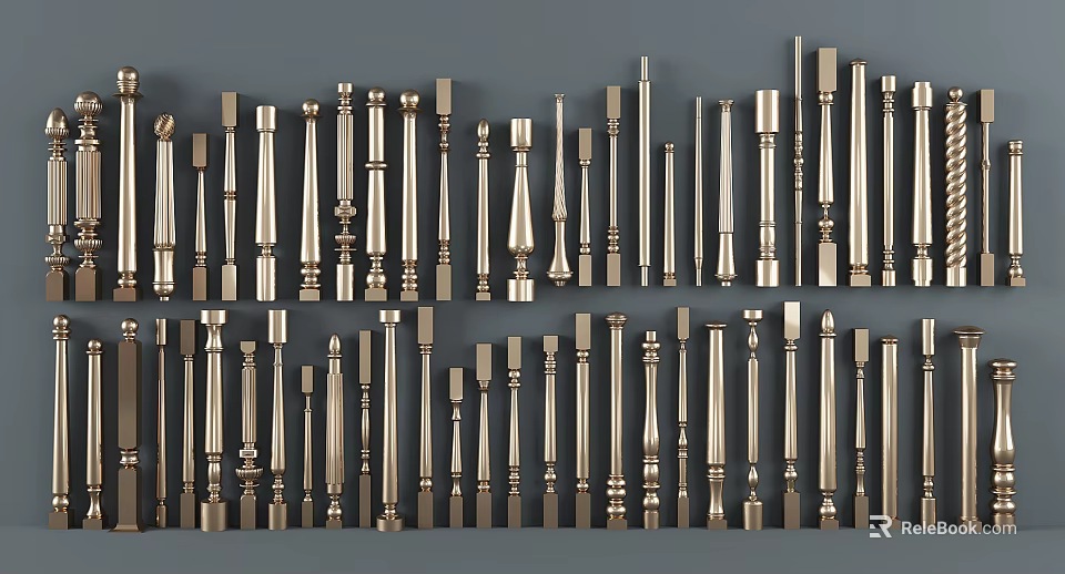 Elegant Modern Brass Balustrade Design With Various Decorative Posts And Railing Elements 3d model 