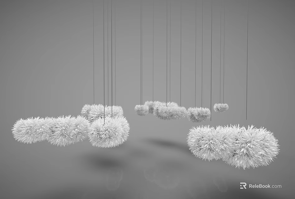 Multiple White Fluffy Ball Shaped Chandeliers Hanging For Modern Interior Decor 3d model 
