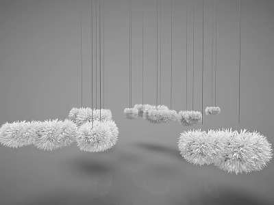 Multiple White Fluffy Ball Shaped Chandeliers Hanging For Modern Interior Decor 3d model