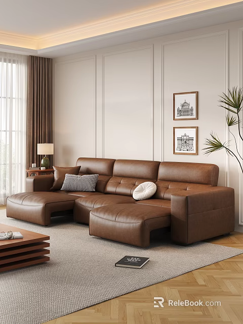 Brown Leather L Shaped Three Seater Sofa in Living Room with Pillows and Wall Art 3d model 