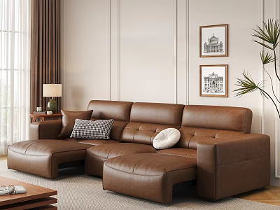 Brown Leather L Shaped Three Seater Sofa in Living Room with Pillows and Wall Art 3d model