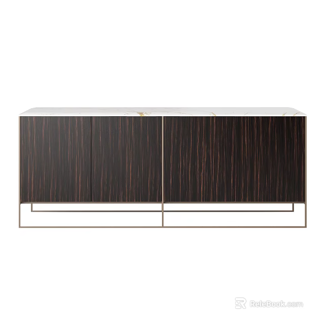Modern TV Cabinet With Dark Wood Grain Doors And Metal Frame Design 3d model 