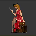 Woman Sitting On Brown Suitcase In Red Polka Dot Dress With Black Hat Holding Cigarette