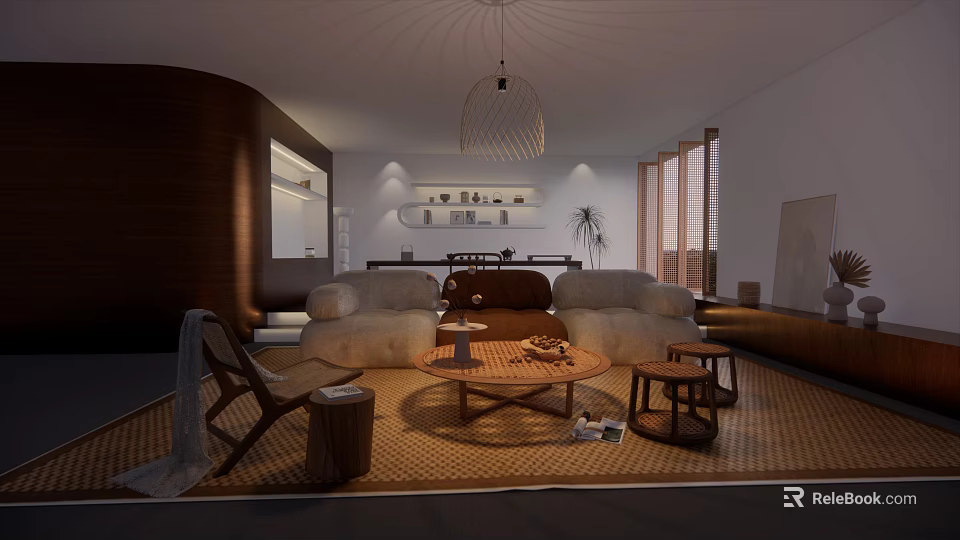 Modern Living Room Interior With Sofa Coffee Table Wooden Accent And Pendant Light 3d model 