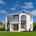 Modern Detached Villa Exterior With White Walls Large Windows And Front Lawn