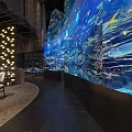 Elegant Restaurant Interior Featuring Large Blue Aquarium Wall And Modern Dining Seating 3d model