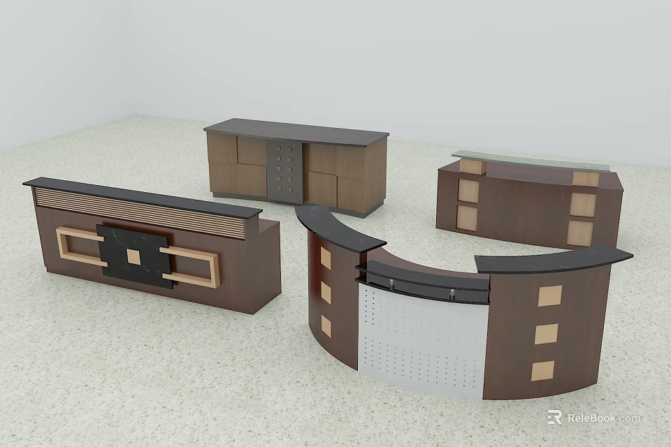 Modern Wooden Reception Desks Curved And Rectangular Designs With Storage Compartments And Panels 3d model 