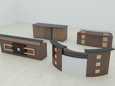 Modern Wooden Reception Desks Curved And Rectangular Designs With Storage Compartments And Panels 3d model