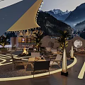 Scenic Mountain Backdrop Bar With Outdoor Seating Night View And Ambient Lighting Decor