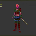 Fantasy Female Warrior In Red Outfit Holding Sword Standing On Gray Background