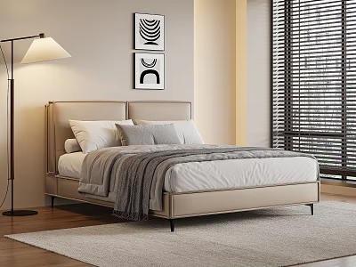 Modern Double Bed with Light Colored Headboard White Gray Pillows Gray Blanket and Floor Lamp 3d model