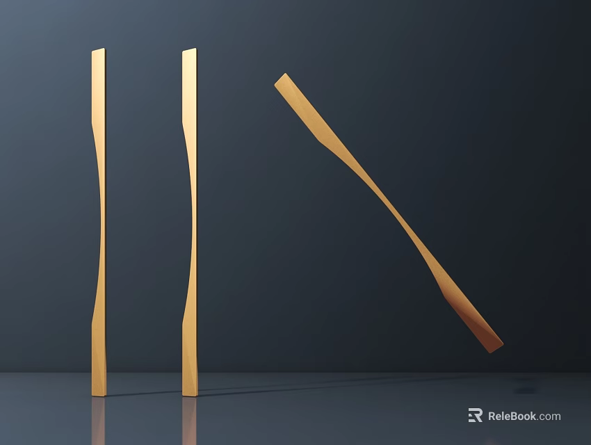 Three Golden Curved Door Handles on Dark Background with Smooth Surface 3d model 
