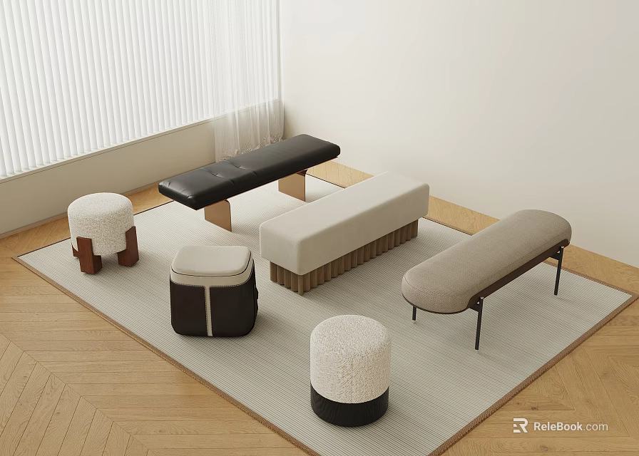 Modern Interior Design With Various Stools Benches On Wooden Floor And Rug 3d model 