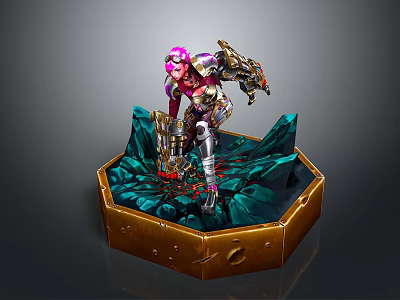 Armored Fantasy Character Statue Featuring Pink Hair Hexagonal Gold Base Green Interior Rock Details 3d model