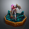 Armored Fantasy Character Statue Featuring Pink Hair Hexagonal Gold Base Green Interior Rock Details